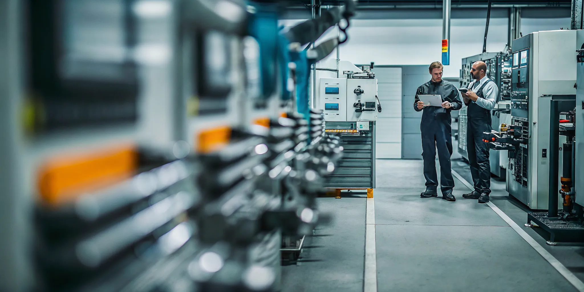 Production planner coordinating an optimized schedule on a modern manufacturing floor